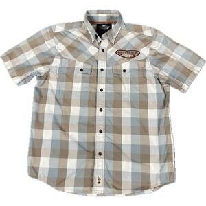 Harley-Davidson Mens Shirt L Blue Tan Plaid Ripstop Short Sleeve Western Biker